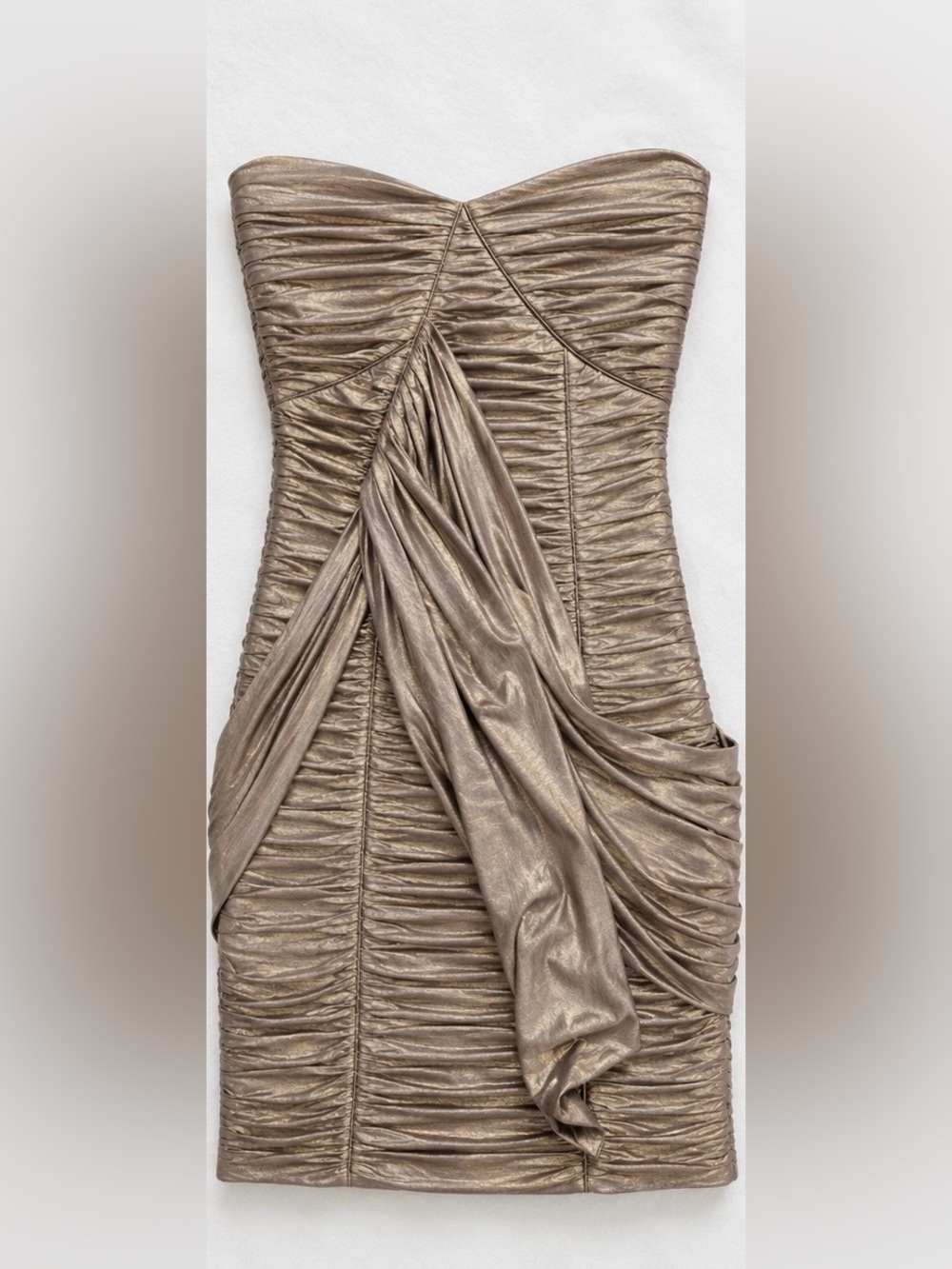Bebe Metallic Champagne Taupe Ruched Strapless Mini Dress
